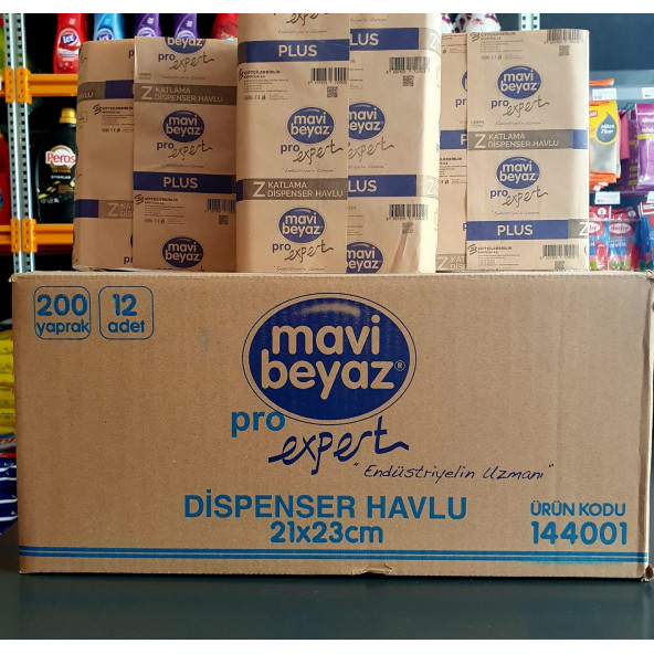 Mavi Beyaz Z Katlama Havlu 12 Li Paket x 200  (2400 Yaprak) Dispenser