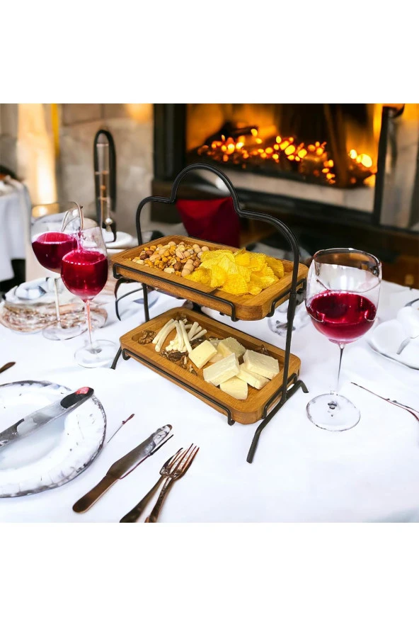 2 Katlı Ahşap Zeminliı 15x27cm Metal Standlı Ahşap Sunum Standı – İkram ve Servis İçin Model 1 - 2