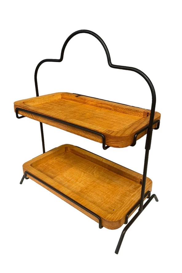 2 Katlı Ahşap Zeminliı 15x27cm Metal Standlı Ahşap Sunum Standı – İkram ve Servis İçin Model 1 - 3