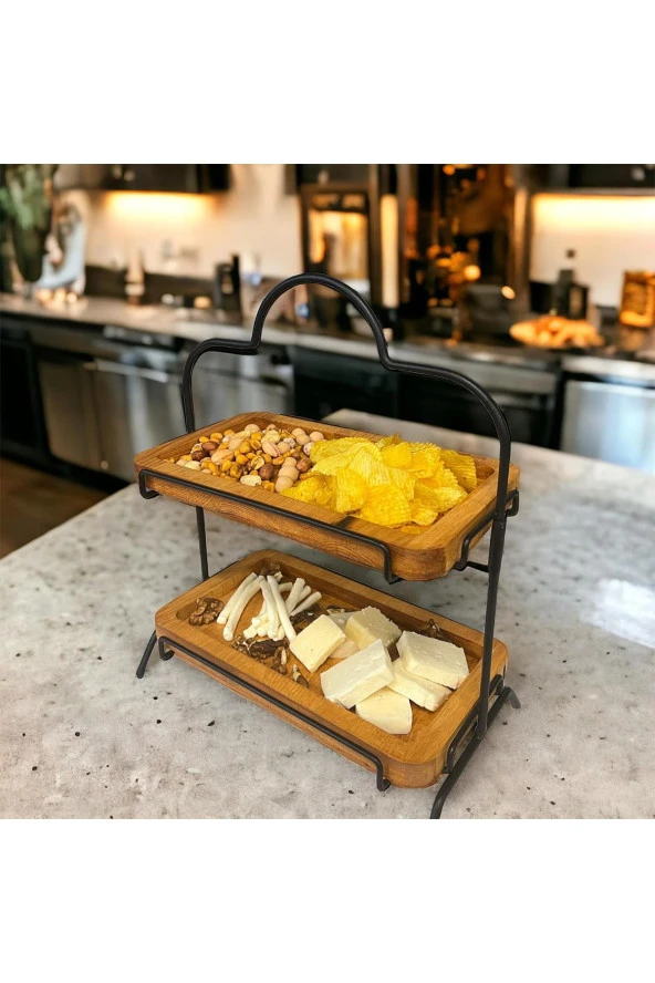 2 Katlı Ahşap Zeminliı 15x27cm Metal Standlı Ahşap Sunum Standı – İkram ve Servis İçin Model 1 - 4