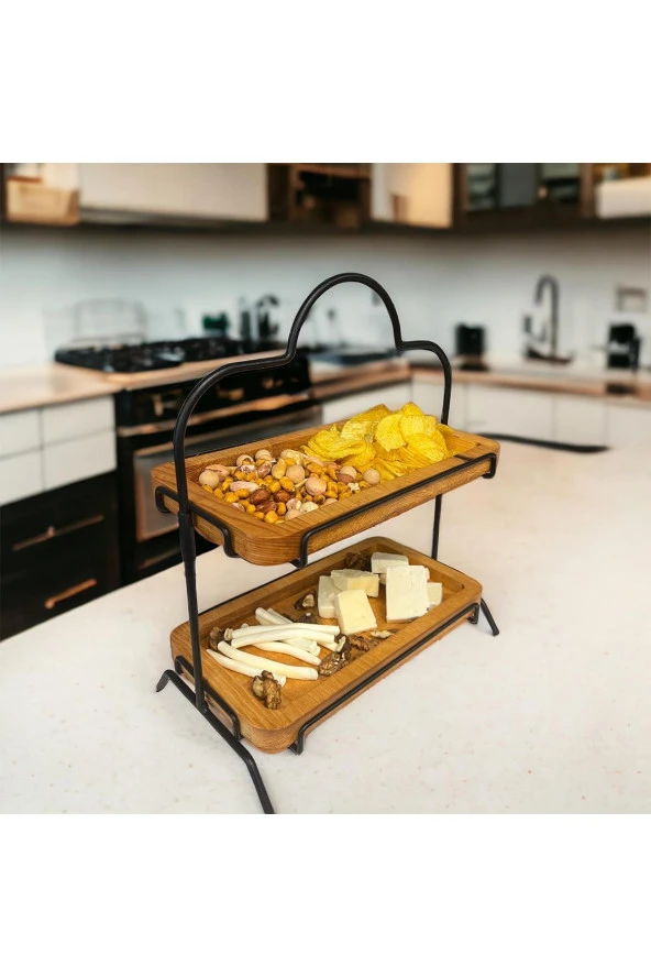 2 Katlı Ahşap Zeminliı 15x27cm Metal Standlı Ahşap Sunum Standı – İkram ve Servis İçin Model 1 - 5