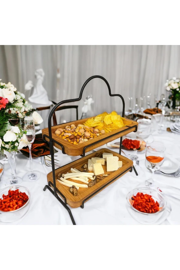 2 Katlı Ahşap Zeminliı 15x27cm Metal Standlı Ahşap Sunum Standı – İkram ve Servis İçin Model 1 - 6