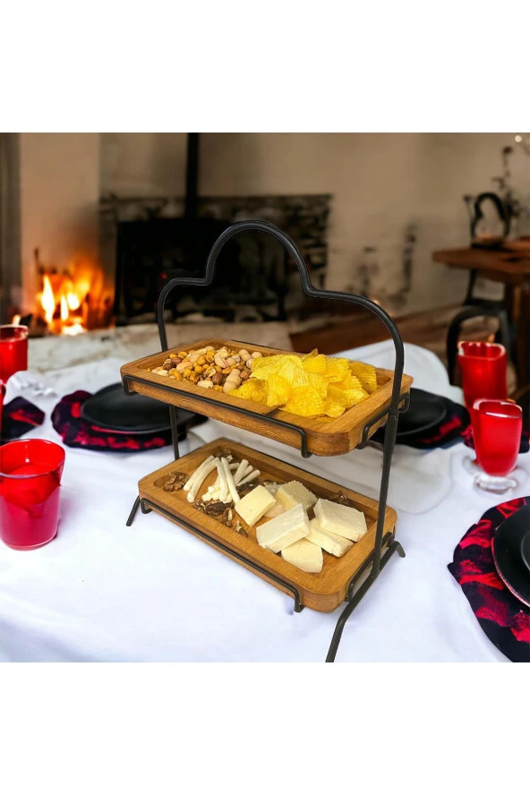 2 Katlı Ahşap Zeminliı 15x27cm Metal Standlı Ahşap Sunum Standı – İkram ve Servis İçin Model 1 - 7