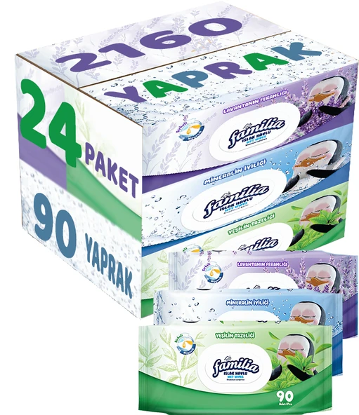 Familia Islak Havlu Mendil 90 Yaprak Karma 24 Lü Set (Lavanta-Mineral-Yeşilin Tazeliği) 2160 Yaprak