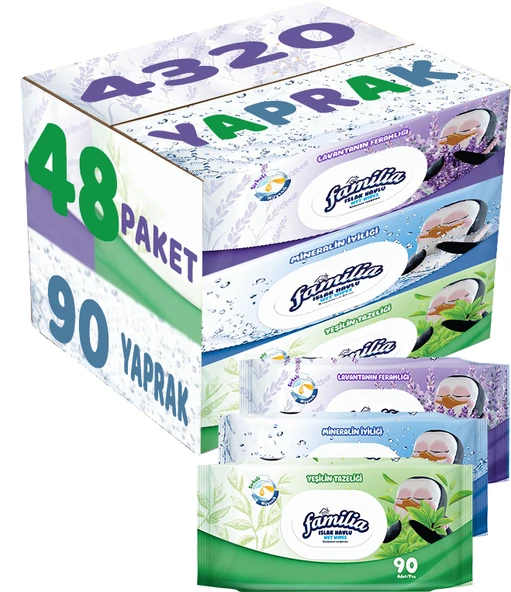 Familia Islak Havlu Mendil 90 Yaprak Karma 48 Li Set (Lavanta-Mineral-Yeşilin Tazeliği) 4320 Yaprak
