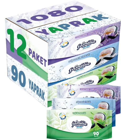 Familia Islak Havlu Mendil 90 Yaprak Karma 12 Li Set (Lavanta-Mineral-Yeşilin Tazeliği) 1080 Yaprak