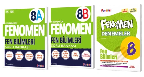 FENOMEN YAYINLARI 8. SINIF Fen Bilimleri A+B Soru Bankası + Fen Bilimleri Denemeleri (3 KİTAP)