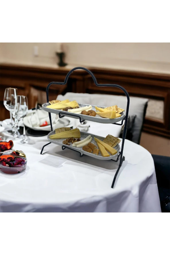 2 Katlı Beyaz Gümüş Zemin Mermer Desenli Melamin 13x32cm Metal Sunum Standı – İkram ve Servis İçin Model 1 Siyah - 3