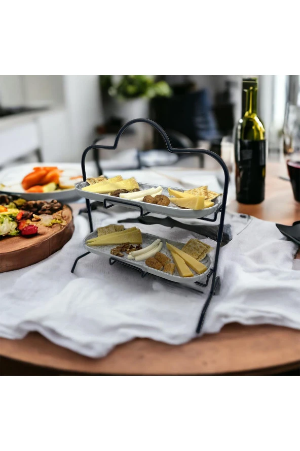 2 Katlı Beyaz Gümüş Zemin Mermer Desenli Melamin 13x32cm Metal Sunum Standı – İkram ve Servis İçin Model 1 Siyah - 4