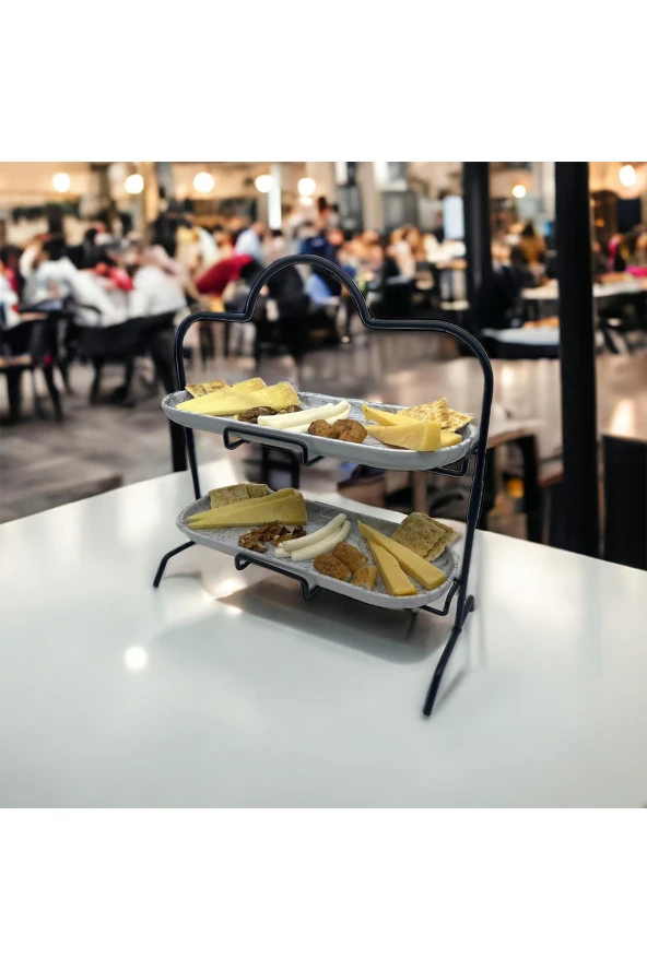 2 Katlı Beyaz Gümüş Zemin Mermer Desenli Melamin 13x32cm Metal Sunum Standı – İkram ve Servis İçin Model 1 Siyah - 5