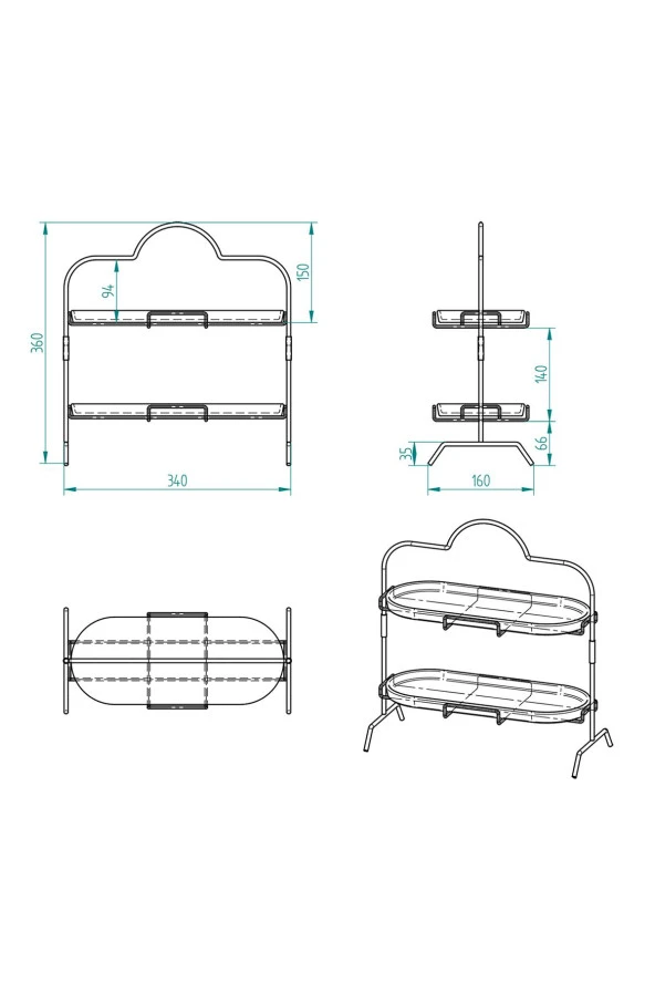 2 Katlı Beyaz Gümüş Zemin Mermer Desenli Melamin 13x32cm Metal Sunum Standı – İkram ve Servis İçin Model 1 Siyah - 8