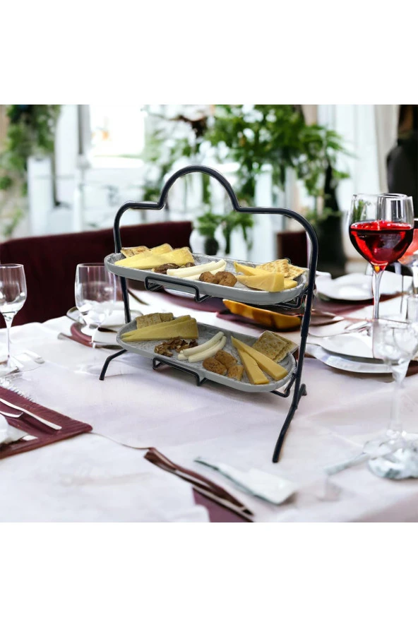 2 Katlı Beyaz Gümüş Zemin Mermer Desenli Melamin 13x32cm Metal Sunum Standı – İkram ve Servis İçin Model 1 Siyah - 10