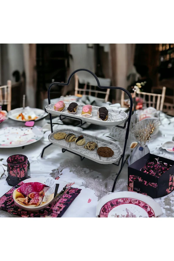 2 Katlı Beyaz Gümüş Zemin Mermer Desenli Melamin 13x32cm Metal Sunum Standı – İkram ve Servis İçin Model 1 Siyah - 12