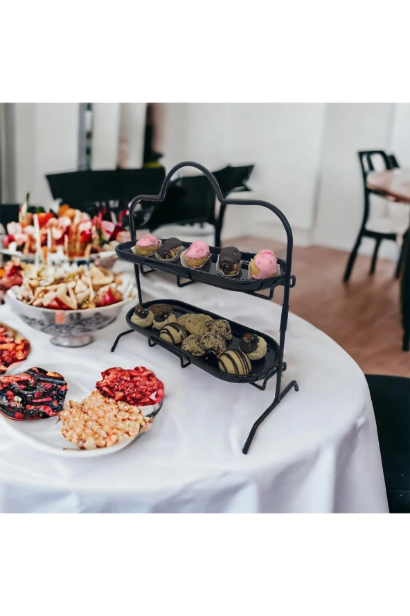 2 Katlı Siyah Melamin 13x32cm Metal Sunum Standı – İkram ve Servis İçin Model 1 Siyah - 3