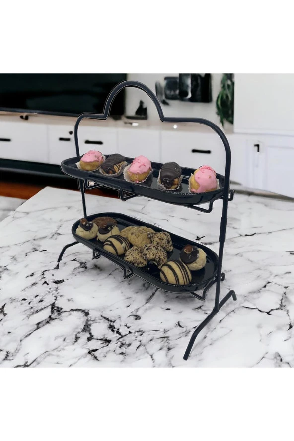 2 Katlı Siyah Melamin 13x32cm Metal Sunum Standı – İkram ve Servis İçin Model 1 Siyah - 4