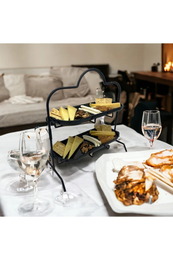 2 Katlı Siyah Melamin 13x32cm Metal Sunum Standı – İkram ve Servis İçin Model 1 Siyah - 5