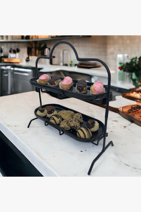 2 Katlı Siyah Melamin 13x32cm Metal Sunum Standı – İkram ve Servis İçin Model 1 Siyah - 6