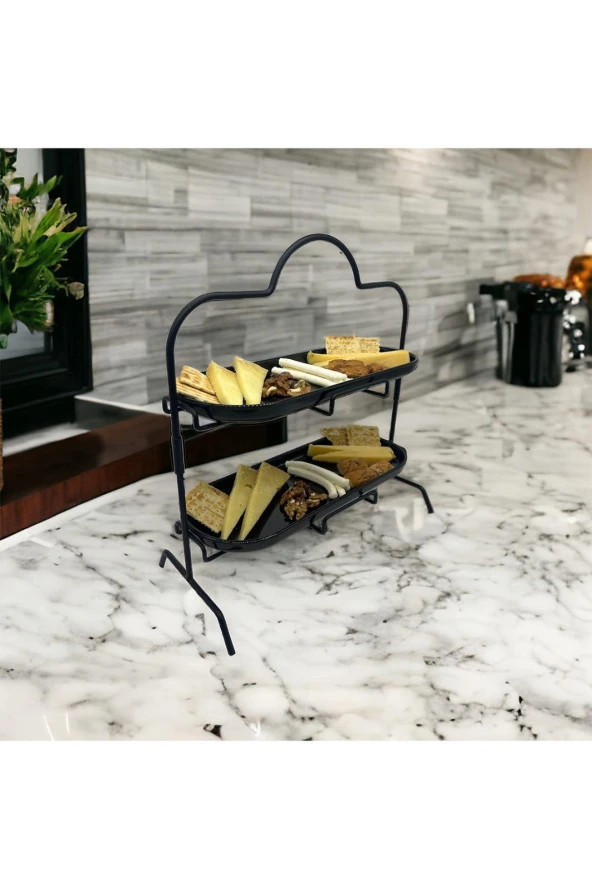 2 Katlı Siyah Melamin 13x32cm Metal Sunum Standı – İkram ve Servis İçin Model 1 Siyah - 7