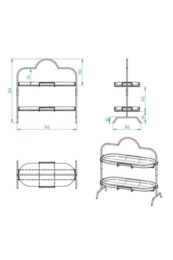 2 Katlı Siyah Melamin 13x32cm Metal Sunum Standı – İkram ve Servis İçin Model 1 Siyah - 8