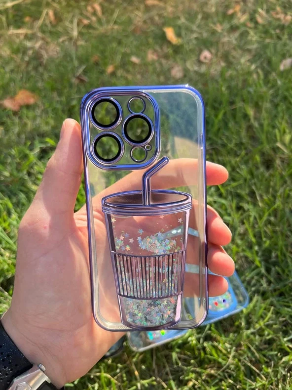 İphone 14 Pro Bardak Desenli Simli Sulu Silikon Telefon Kılıfı - Resim 3