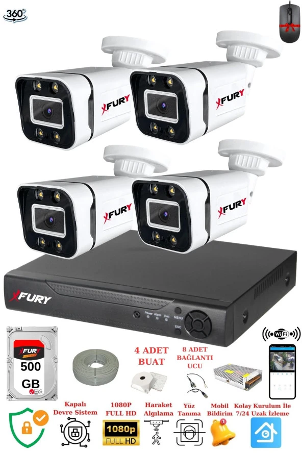 FURY 4 Kameralı Full Hd Gece Renkli - Su Geçirmez Ultra Led Güvenlik Kamerası Seti 500GB - Resim 2