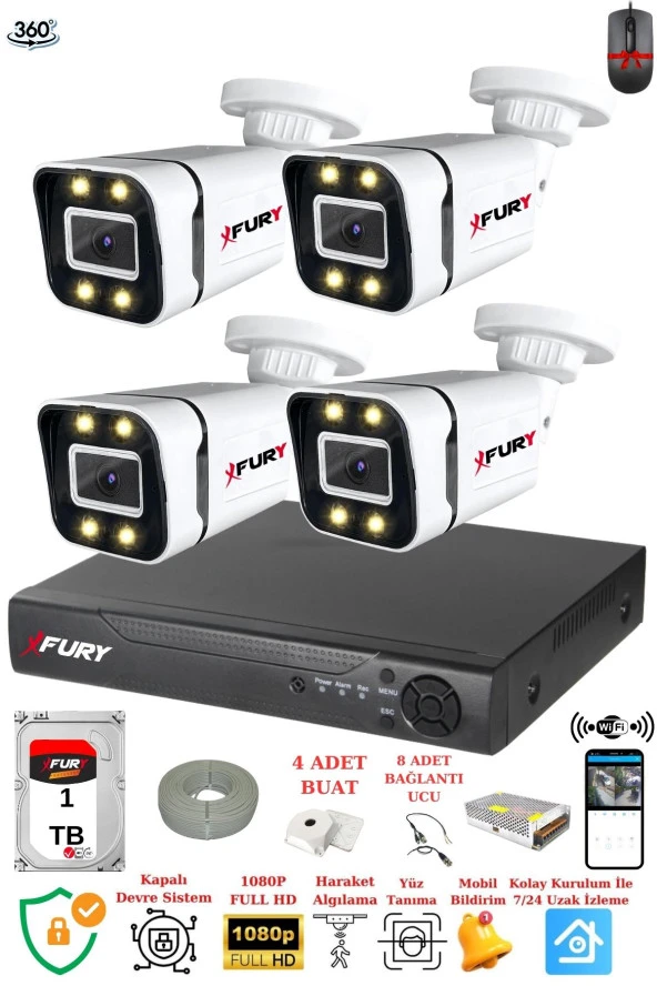 FURY 4 Kameralı Full Hd Gece Renkli - Su Geçirmez Ultra Led Güvenlik Kamerası Seti 1TB