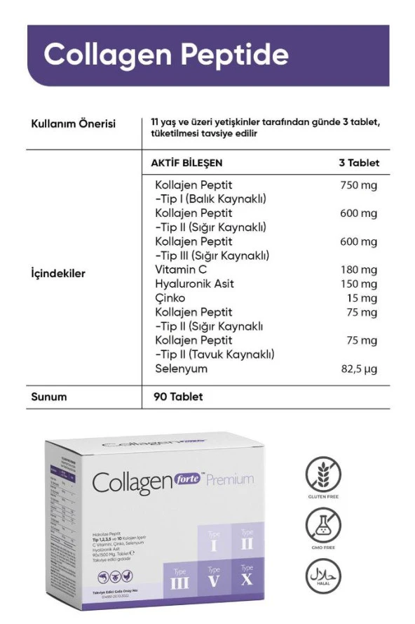 Collagen Forte Platinum Premium 5 Tip Kolajen, Hyalüronik Asit, Çinko, Selenyum & Vitamin C, 90 Tablet