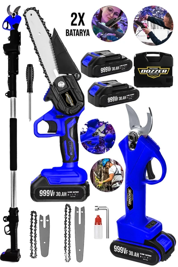 Dozzer 2Li Set 21V 3.0Ah 3Metre Teleskopik  Akülü Dal Kesme Makası Ve Budama Bıçkı Testere Makinesi