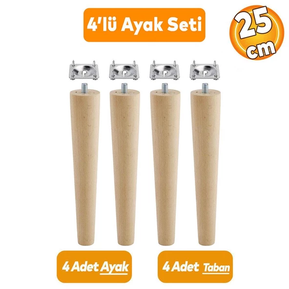 Ahşap Sehpa Masa Puf Tabure Tv Ünitesi Ayağı Ayakları M8 Civatalı 25 cm + Bağlantı Aparatlı 4'lü Set