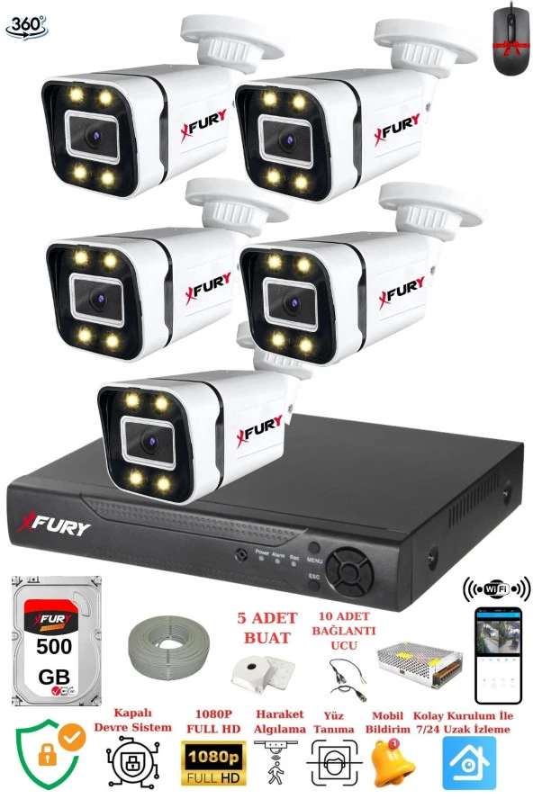 FURY 5 Kameralı Full Hd Gece Renkli - Su Geçirmez Ultra Led Güvenlik Kamerası Seti 500GB