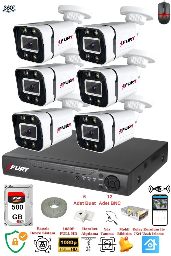 FURY 6 Kameralı Full Hd Gece Renkli - Su Geçirmez Ultra Led Güvenlik Kamerası Seti 500GB - Resim 2