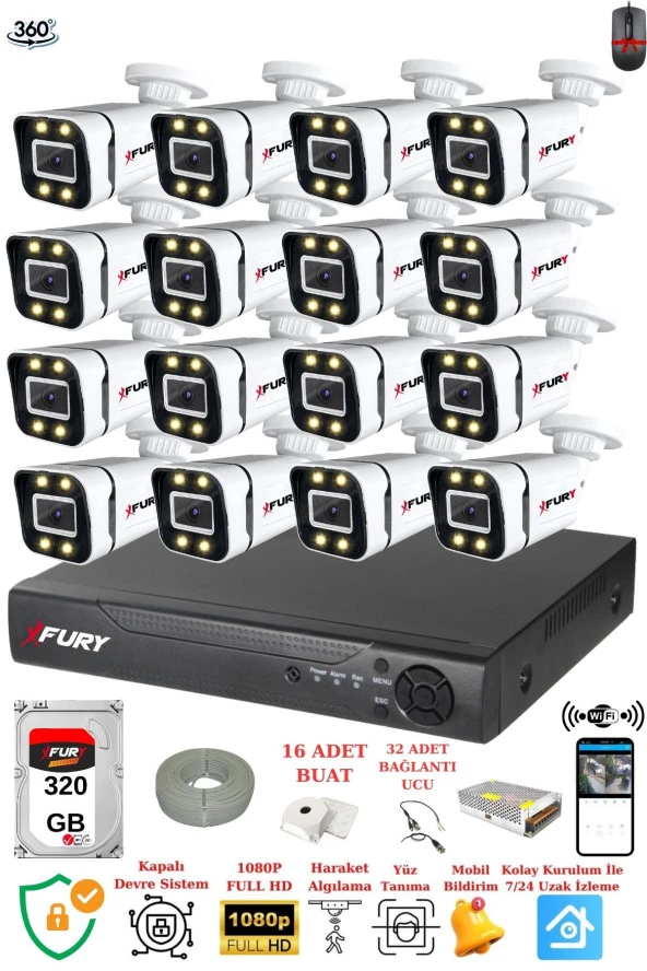 FURY 16 Kameralı Full Hd Gece Renkli - Su Geçirmez Ultra Led Güvenlik Kamerası Seti 320GB