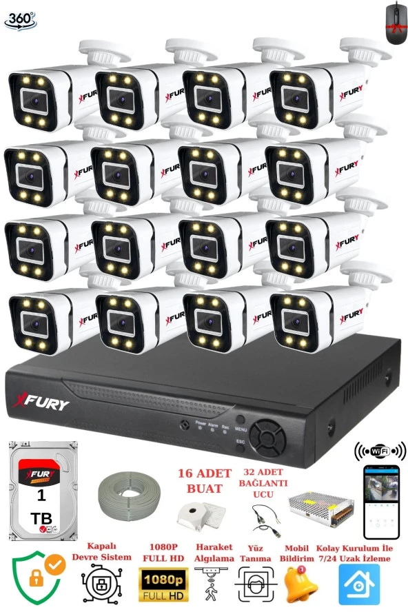 FURY 16 Kameralı Full Hd Gece Renkli - Su Geçirmez Ultra Led Güvenlik Kamerası Seti 1TB