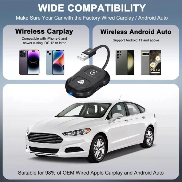 Araç İçi Android ve Apple Cihazlar İçin Kablosuz Car Play Adaptörü Wireless Carplay Çevirici - 3