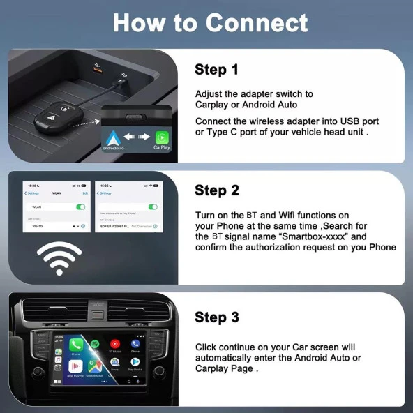 Araç İçi Android ve Apple Cihazlar İçin Kablosuz Car Play Adaptörü Wireless Carplay Çevirici - 5