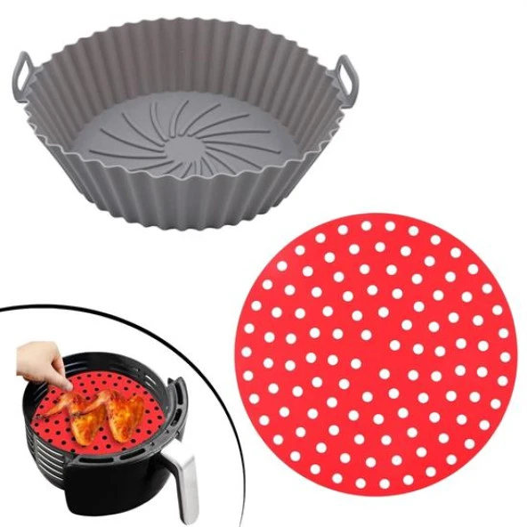Kırmızı Silikon Fırın Ve Airfryer Yuvarlak Model Pişirme Matı Ve Gri Pişirme Matı 20 Cm (4453)