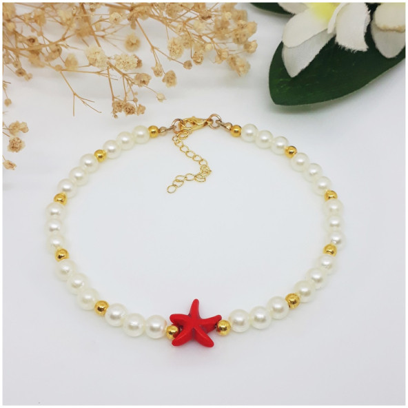 Kırmızı Deniz Yıldızı & Akrilik İnci Kadın Halhal ürün görseli