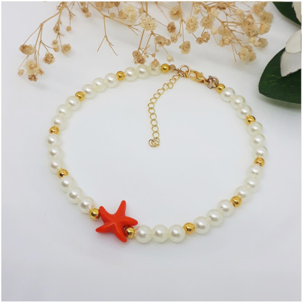 Kırmızı Deniz Yıldızı & Akrilik İnci Kadın Halhal - Resim 2