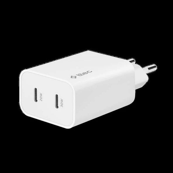 2SCG01B TTEC 2SCG01B SmartCharger Duo Pro GaN 50W PD Seyahat Hızlı Şarj Aleti USB-C + USB-C Beyaz