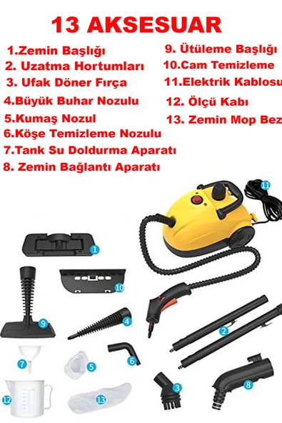 Yüksek Verimli Çok Fonksiyonlu Buharlı Temizlik Makinası - Buharlı Temizleyici 13 Parça Aksesuar - 3