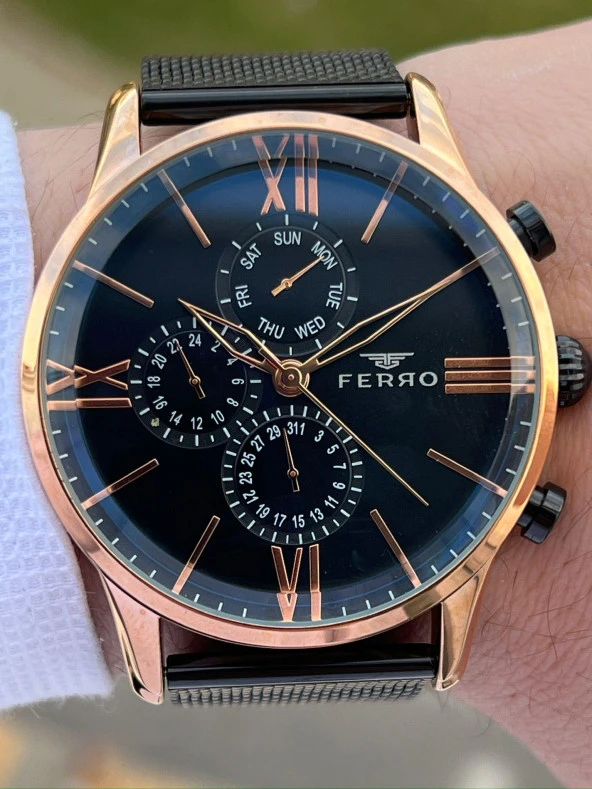 Ferro Siyah Hasır Kordon İç Fonksiyonları Aktif Takvimli 30 Mt Su Geçirmez Erkek Kol Saat ETM9C60 - Resim 2