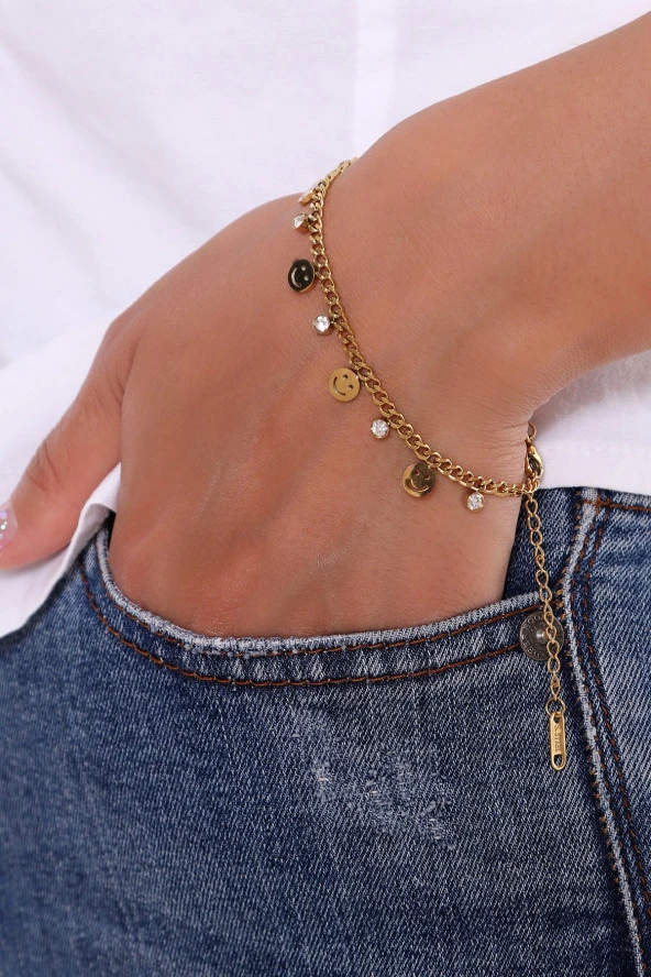 Kadın Gülen Yüz Figürlü Zirkon Taşlı Çelik Bileklik ürün görseli