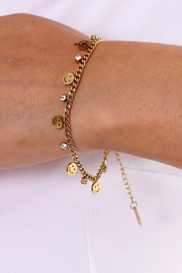 Kadın Gülen Yüz Figürlü Zirkon Taşlı Çelik Bileklik - Resim 2