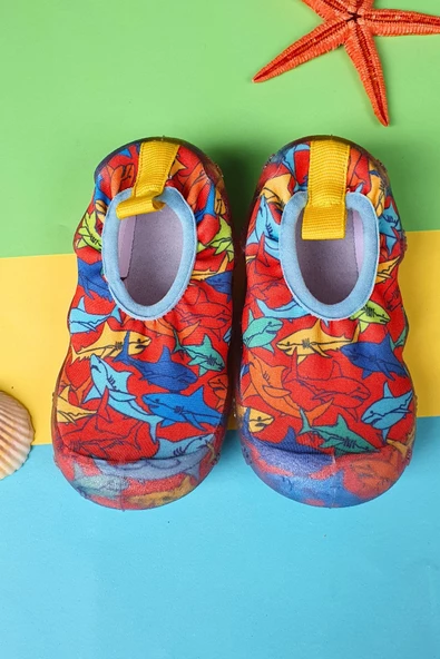 FİRST STEP Kırmızı Balıklı Erkek Çocuk Kaydırmaz Tabanlı Deniz Ayakkabısı F-7026