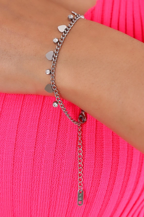 Kadın Kalp Figürlü Zirkon Taşlı Çelik Bileklik Gümüş Renk - Resim 2