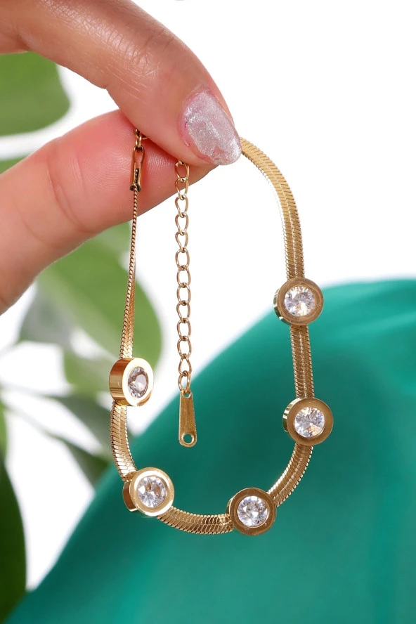 Kadın Zirkon Taşlı Yassı Zincir  Çelik Bileklik - Resim 3