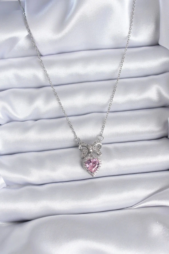 316L Çelik Gümüş Renk Zincir Pembe Kristal Kalp Zirkon Taşlı Kurdele Model Kadın Kolye - 2