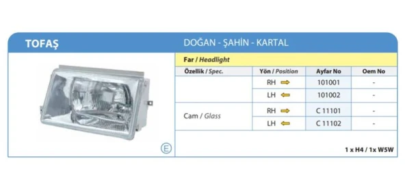 TOFAŞ DOĞAN ÖN SAĞ FAR CAMI 1988-1993 ARASI C11101 DS