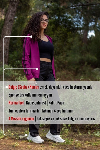 Kadın Mürdüm Fermuarlı Kapüşonlu Dalgıç Scuba Alt Üst Spor Eşofman Takımı 21KESTAX11 - 3