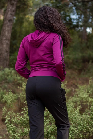 Kadın Mürdüm Fermuarlı Kapüşonlu Dalgıç Scuba Alt Üst Spor Eşofman Takımı 21KESTAX11 - 6